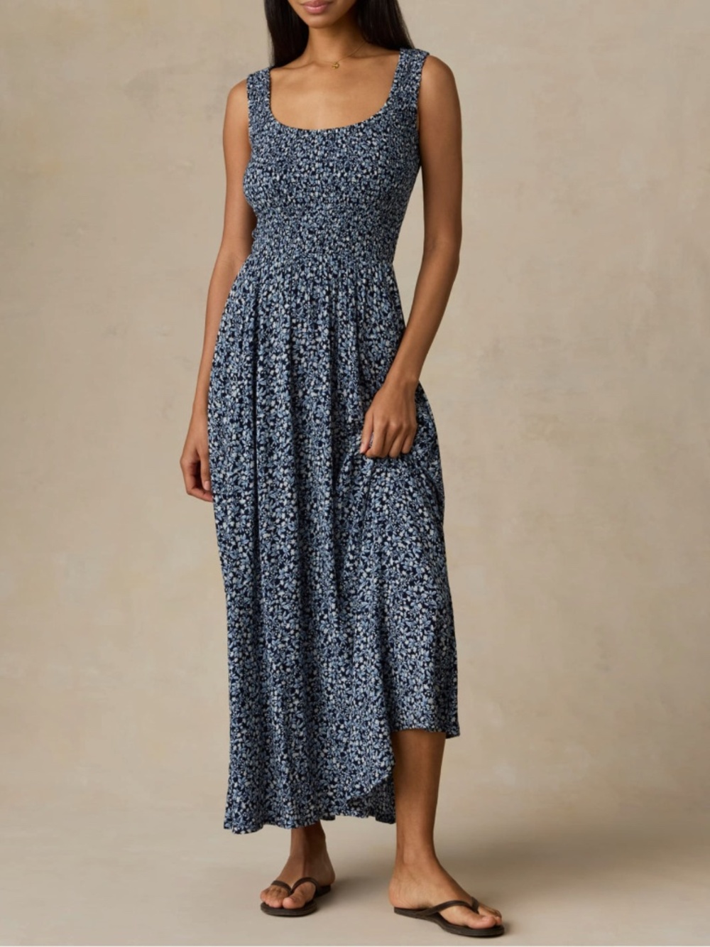 Faherty Navy Floral Sophia Smocked Dress Coastal Bloom Large